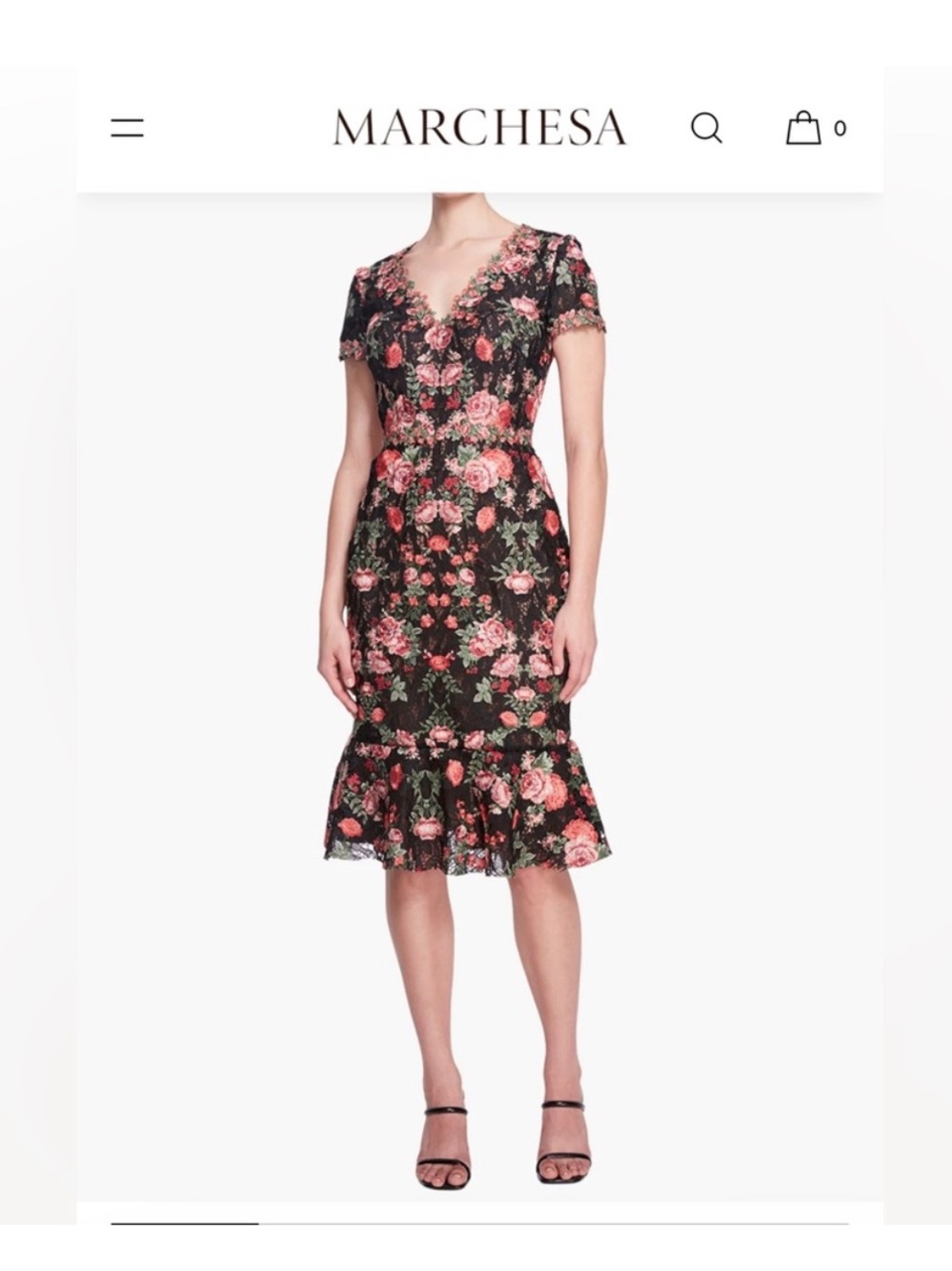 Marchesa Black Lace Midi Dress with Pink Floral Embroidery